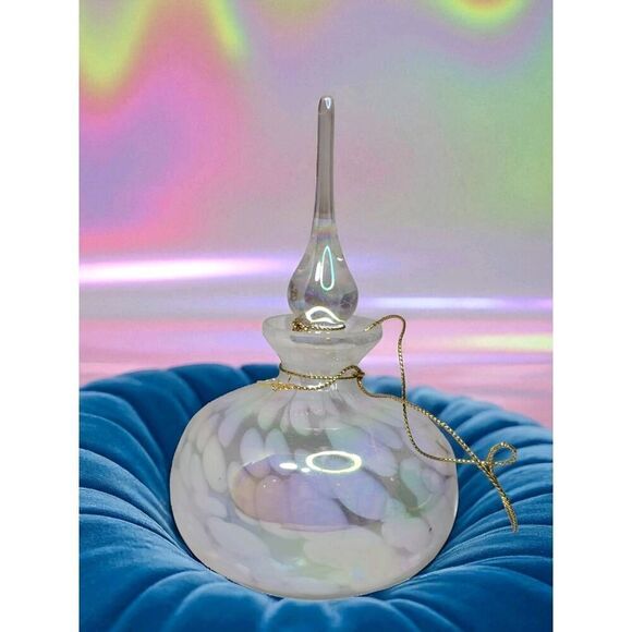 Unmarked Other - Vtg White Iridescent Art Glass Perfume Bottle With Tear Drop Stopper 5.75"